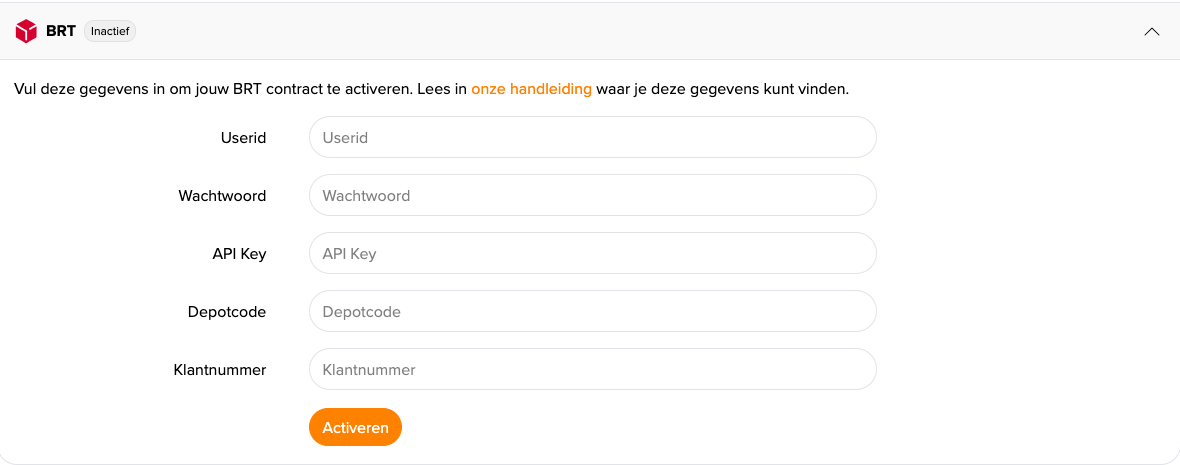 BRT instellingen in MyParcel backoffice